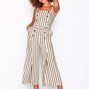 Top shop small button front Striped Jumpsuit in Cream - Brown belted flared
